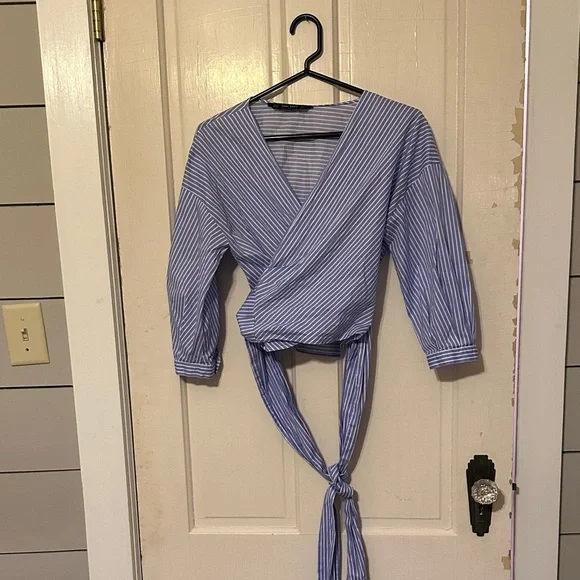 Zara Striped Blue Wrap around Blouse 3/4 sleeve XS - Picture 7 of 8